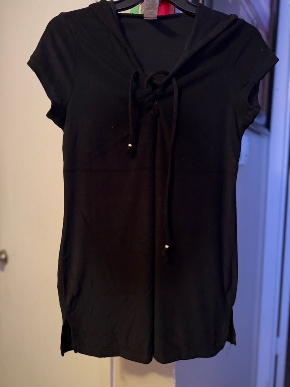 Black Short-Sleeve Hooded Lace-Up Tunic Top